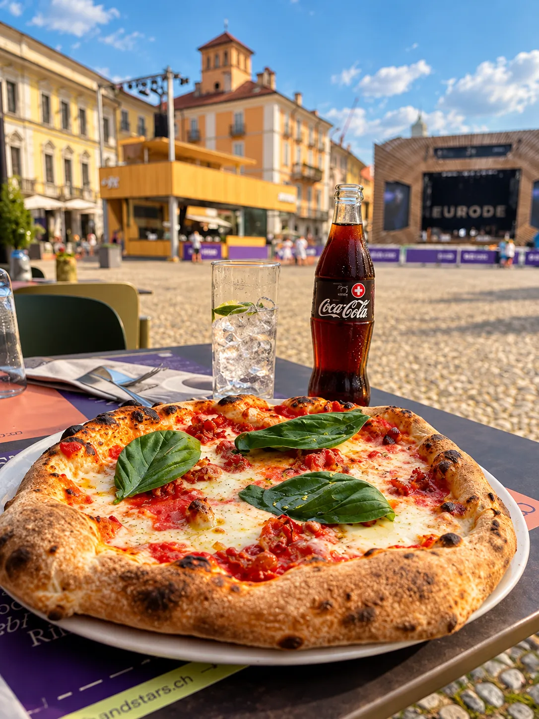 Pizza con pomodoro, mozzarella e basilico servita all'aperto, con i palazzi di Piazza Grande sullo sfondo